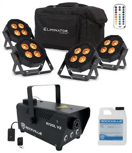 (4) American DJ MEGA FLAT HEX L PAK4 RGBLA+UV LED DMX Par Lights+Fog Machine - Picture 1 of 12