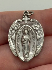 Vintage Sterling Silber Engel Herz Jesus Unsere Liebe Frau vom Berg Karmel Medaille - Bild 1 von 8