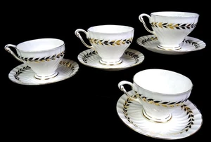 Queen Anne Porcelain 4 Golden Laurel Pattern 2 5/8" Cup & Saucer Sets 1955-1966 - Picture 1 of 10