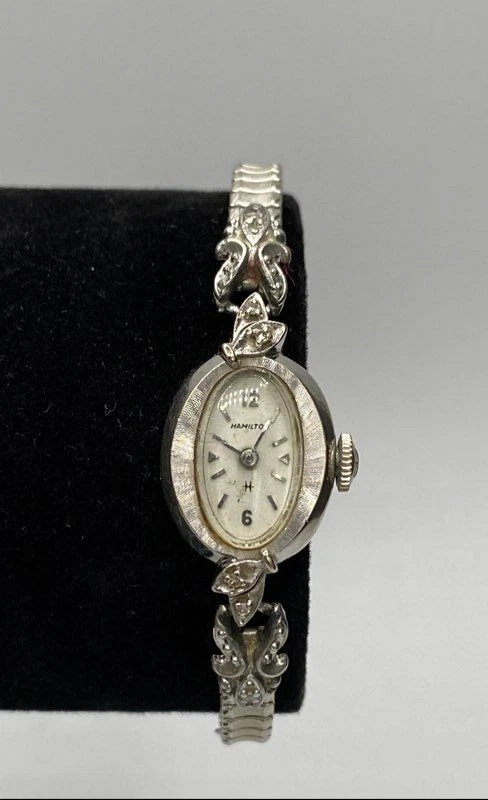 Reloj pulsera para mujer Hamilton 14,7 mm ovalado cuerda diamante oro blanco 10 k 13,3 g Foto 1 de 4