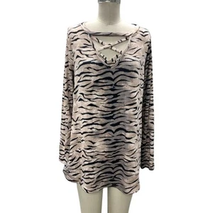 Sew In Love Light Knit Tunic Sweater Womens Medium Tan Black Multi Animal Stripe - Picture 1 of 13