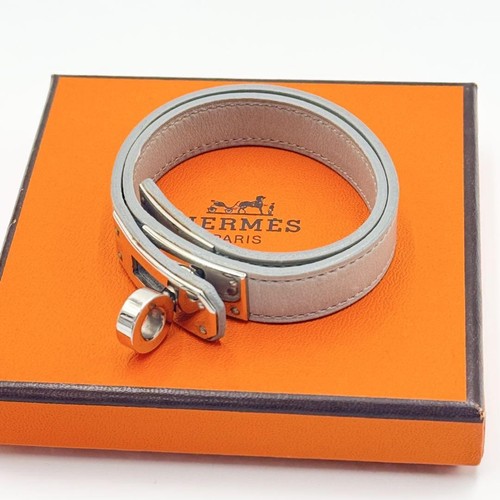 HERMÈS Bracciale Hermes Dubletour in pelle grigio accessori argento