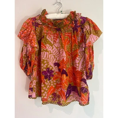 FARM Rio Floral Bohemian Print Blouse  XS Orange Pink Purple Crochet Detail - Image 1 of 4