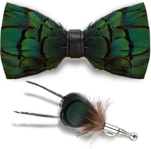 Feather Bow Ties for Men, Handmade Pre-Tied Bow Tie and Brooch Set, Gift Box - Picture 1 of 11