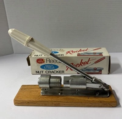 Vintage Reeds Rocket Pecan Nut Cracker Metal With Wood Base Made In USA R-300 - Image 1 of 4
