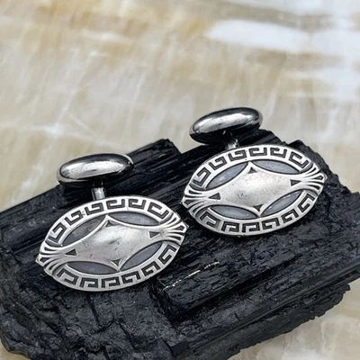 Gemelos ovalados llave griega vintage de plata de ley .925 8,4 gr Foto 1 de 4