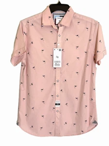 Kleines schwarzes Flamingos rosa kurzärmliges Herrenhemd, Denim & Blume neu mit Etikett - Bild 1 von 10