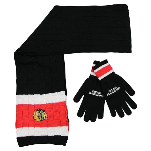 NHL Chicago Blackhawks Winter Knit Scarf & Gloves 2 pc Gift Set NWT OSFM Cover
