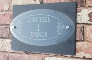 Slate House Sign 29cm x 21cm Plaque with Glass Lasered Oval Large & Fixings - Picture 1 of 6