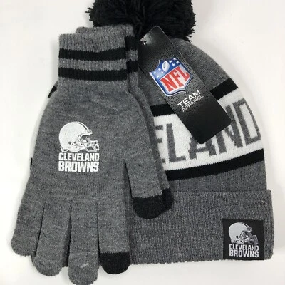 Cleveland Browns Cuffed Knit Hat with Pom and Gloves Set Gray White Black NFL - Image 1 of 4
