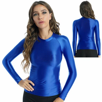 Mujeres Sedosa Brillante Manga Larga Camiseta Color Sólido Calce Ajustado Yoga Entrenamiento Prendas para el torso Foto 1 de 3