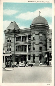 COVINGTON, TEXAS HOTEL POSTCARD Hotel, Lido Cafe, Vintage Trucks, People - Picture 1 of 2