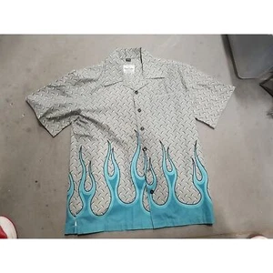 David Carey Originals Shirt Mens Medium Gray Blue Flames Short Sleeve Button Up - Picture 1 of 13
