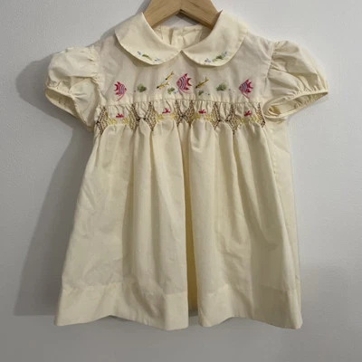 Vintage Daffodil Embroidered Fish Dress Yellow Collared Puff Sleeve 18 Months - Image 1 of 4