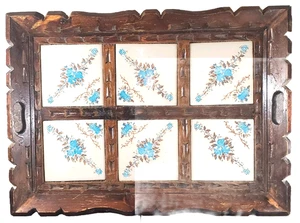 Vintage Floral Designed Ceramic Tile Hand Carved Wood Serving Tray 19x13 Size - Picture 1 of 21