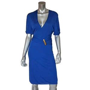 ROBERTO CAVALLI DRESS BLUE DRAPED JERSEY V-NECKLINE $2,150 sz IT 48 US 12 - Picture 1 of 13