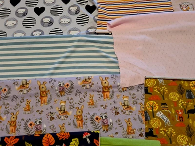 17 schöne Stoffreste 12x Baumwolljersey +5 Bündchen Stoffpaket Nähen/Patchen neu - Bild 1 von 4