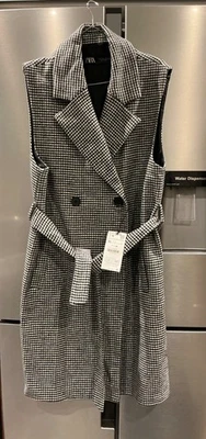 ZARA WAISTCOAT LONGLINE JACKET BELT BLACK WHITE DOGTOOTH CHECK SIZE XL BNWT - Image 1 of 4