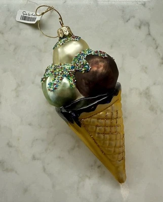 Sur La Table Ice Cream Cone With Sprinkles Glass Christmas Ornament Poland 6.5”