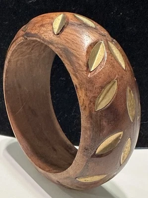 Bohemian Chunky Wooden Bangle Bracelet Carved Brass Inlay Insert Brown Wood Boho - Image 1 of 4