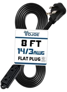 3-Outlets Indoor Extension Cord Outlet Extender, 3 Prong 8 Foot Black 14/3 - Picture 1 of 7