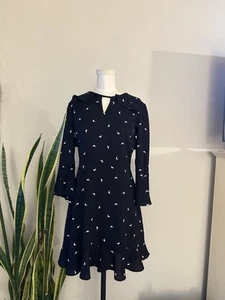 Women's Navy Blue With White Birds Long Sleeved Dress Size xs  - Picture 1 of 10