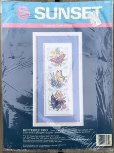 Sunset Butterfly Trio Stamped Cross Stitch Kit 13035 NOS Vintage - Picture 1 of 3