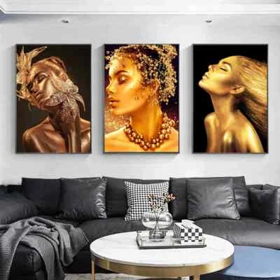 African Black Gold Woman Canvas Painting Print Wall Art Decorative Canvas Mural Foto 1 de 4
