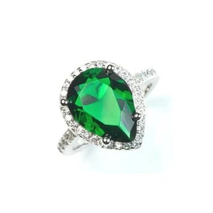 Pear Shaped Green Emerald Halo Sterling Silver Cz Ring Cubic Zirconia W Accents - Picture 1 of 5