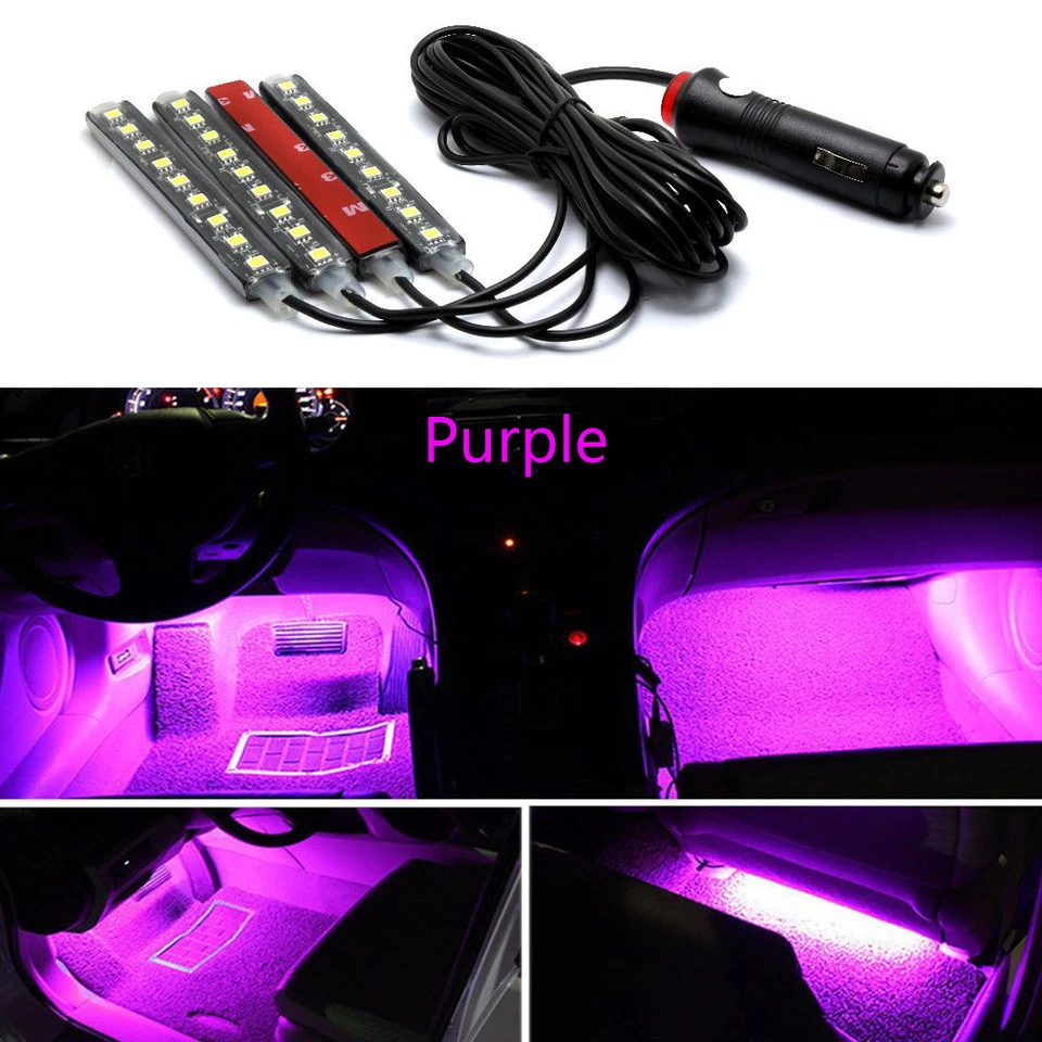 4x Purple 9 LED Charge Car Interior Accessories Foot Car Decorative Light Lamps - Изображение 1 из 4