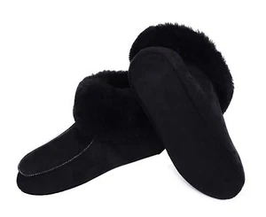 Lammfell Leder Hüttenschuhe Mokassin Hausschuhe Pantoffeln Fell Schwarz Gr.36-47 - Bild 1 von 5