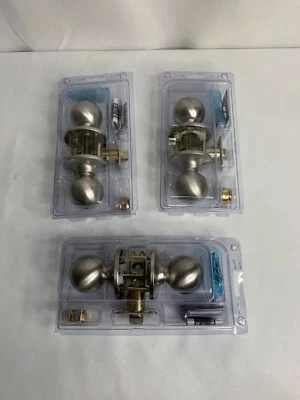 LOTE de cerradura de perilla de puerta redonda de níquel satinado cepillada para 2 dormitorios baño y 1 armario Foto 1 de 4