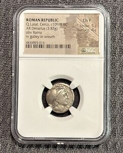 (c109/8 BC) Roman Republic AR Denarius Q. LUTAT CERCO “Roma / Galley in wreath”