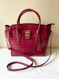 MICHAEL KORS HAMILTON DARK PINK LEATHER WITH CHAIN TRIM SHOULDER STRAP TOTE BAG - Picture 1 of 7