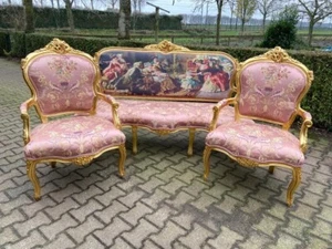 Sofa Set French Louis XVI Vintage Pink Damask Gilded Wood Couch & Chairs - Picture 1 of 16
