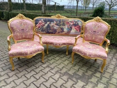 Sofa with Chairs French Louis XVI Pink Damask Gilded Wood Vintage Set Rare - Image 1 of 4