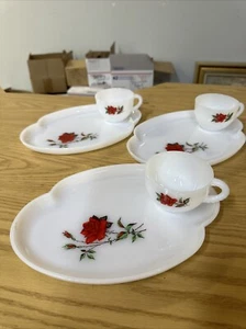 Vintage 1959 Rosecrest 6pc Snack Set Federal Milk Glass Rose Plates & Teacups - Picture 1 of 12
