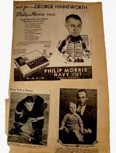 1930S NHL HOCKEY NEWS AD GEORGE HAINSWORTH PHILIP MORRIS NAVY CUT PHOTO CARD AHL - Picture 1 of 6