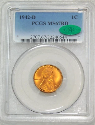 1942-D Lincoln Wheat Cent PCGS MS67RD CAC Bright Red Superb Luster, PQ #J618 - Image 1 of 4
