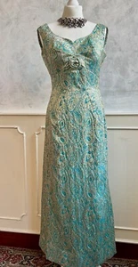 Vintage NORMAN YOUNG 1950's 60s Turquoise Gold Brocade Evening Occasion Dress 10 - Picture 1 of 14