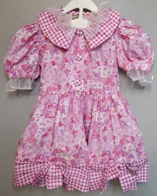 Vintage Rachel's Kids Pink Floral Gingham Puff Sleeves Ruffle Dress Size 4T - Image 1 of 4