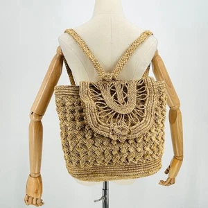 Rare 70s Vintage Woven Raffia Boho Straw Backpack Bag + Floral Detail - Picture 1 of 11