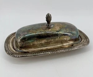 WM. ROGERS VINTAGE SILVER PLATE BUTTER DISH LID & GLASS INSERT 887 PATINA - Picture 1 of 11