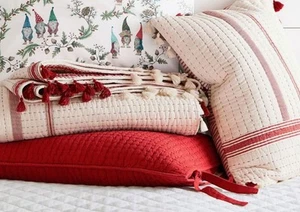 2 Pottery Barn Nellie Pick Stitch Tassel Pillow Shams Quilt Farmhouse Red Cream - Picture 1 of 5