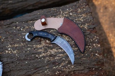 Custom Handmade Damascus Blade 4.5 Karambit Knife Hunting Full Tang Pakka Wood - Image 1 of 4