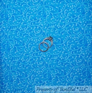 BonEful FABRIC FQ Cotton Quilt Turquoise Blue White Flower Scroll Swirl Calico S - Picture 1 of 12