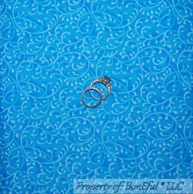 BonEful FABRIC FQ Cotton Quilt Turquoise Blue White Flower Scroll Swirl Calico S - Image 1 of 4
