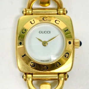 GUCCI Horsebit 6300L White Dial Woman's Quartz Watch Analog Gold Black Tested - Picture 1 of 9