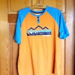 Columbia Regular Fit Logo 2 button Neck Blue & Orange Graphic Mtn SS Sz L Tshirt - Picture 1 of 6