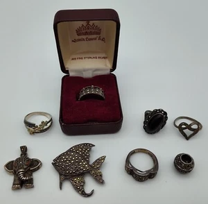 8 Vintage Markasiten Sterling Lot 5 Ringe 1 Perle 1 Pins 1 Anhänger fehlende Steine - Bild 1 von 20